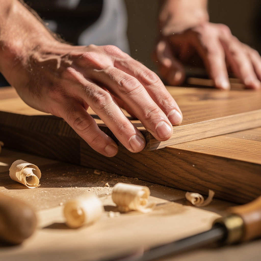 Precision Woodcraft San Diego craftsman writing woodworking plans and blog content in a sunlit workshop