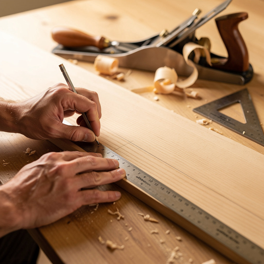 Precision Woodcraft San Diego craftsman reviewing project plans in our San Diego workshop